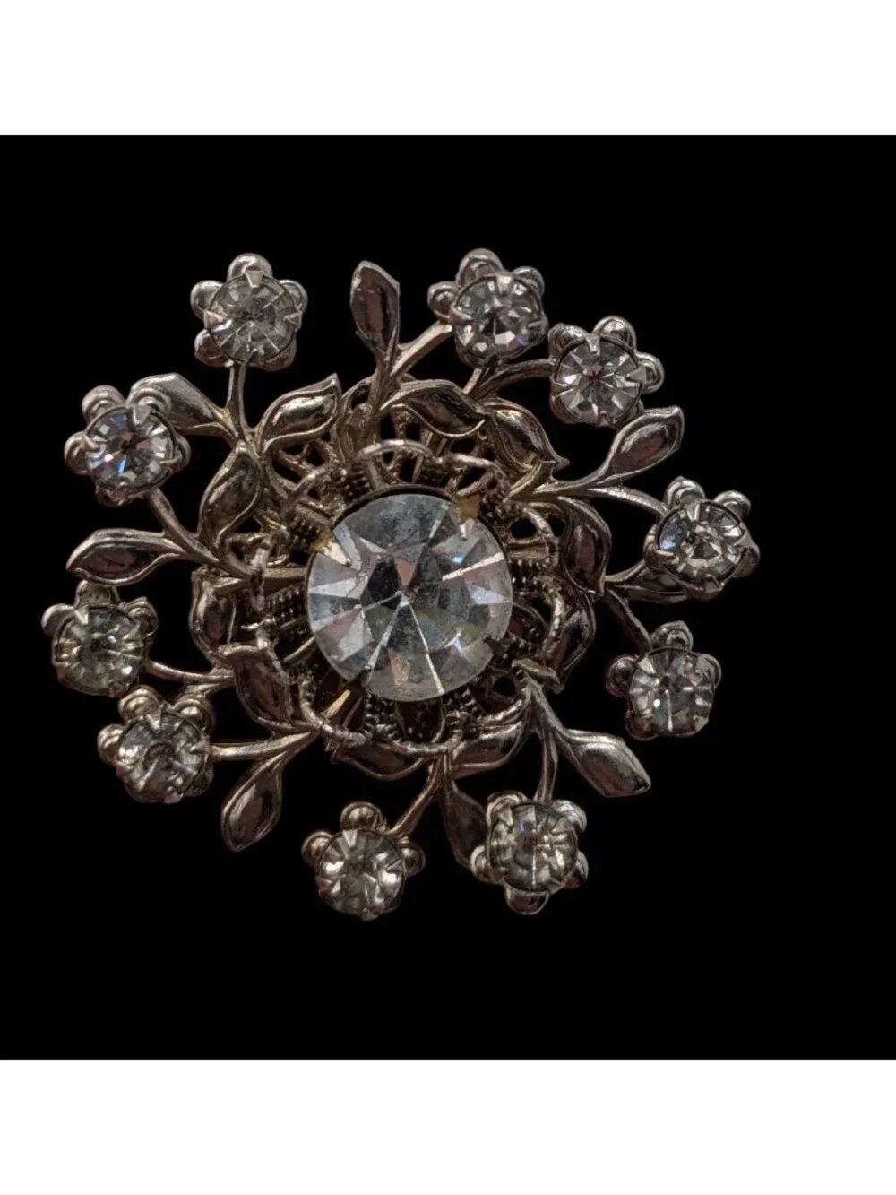 Vintage Floral Rhinestone Brooch Silver Midcentury Glam Pin